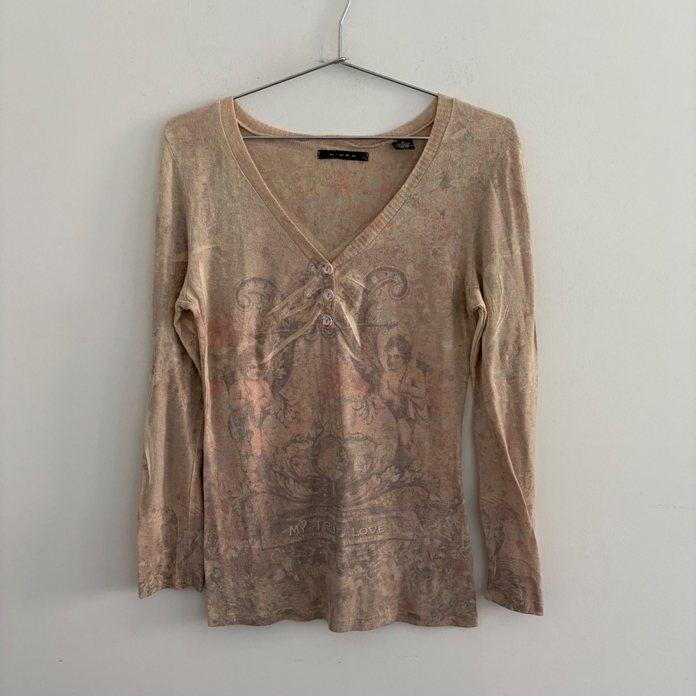 Kiara Womens Tan Cherub Graphic Long Sleeve V-Neck Henley Top Medium